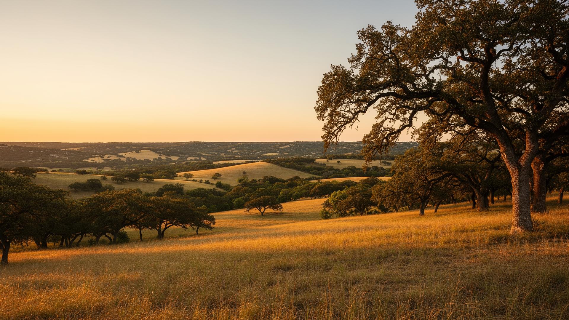 Texas Hill Country at golden hour with live oak trees
